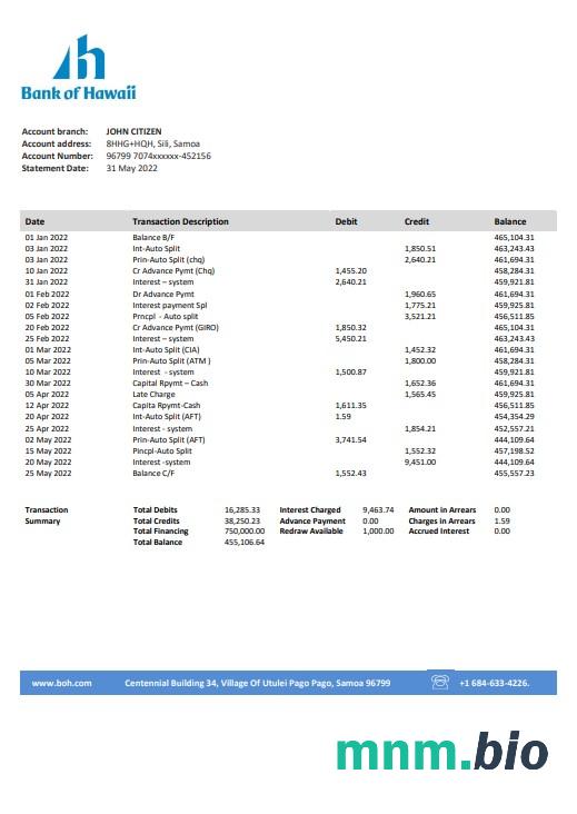 Szablon wyciągu bankowego Samoa ANZ w programie Word i PDF